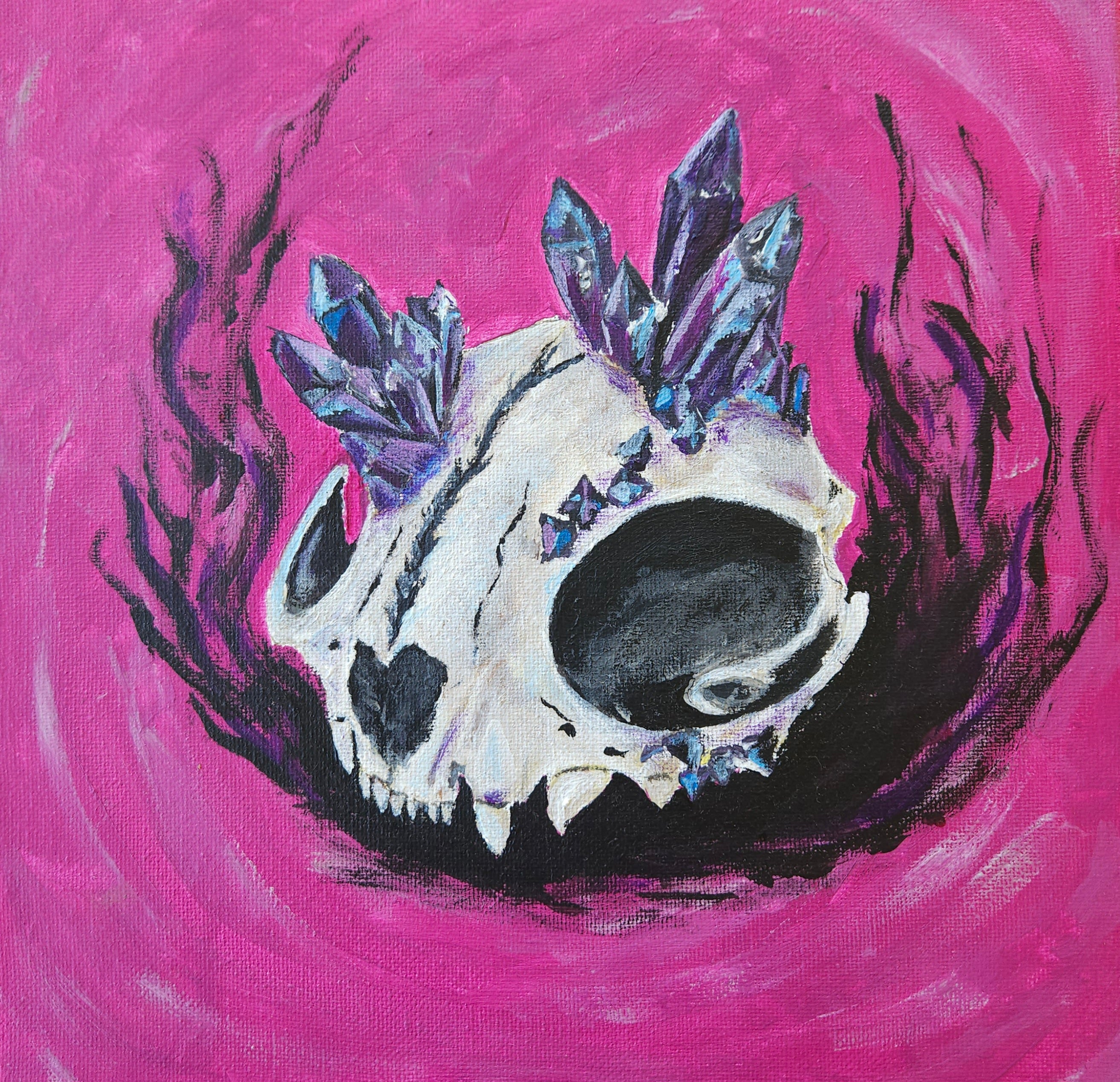 Fine Art Print by Rio Staggs - Cat Skull and Crystals - 5"x5"