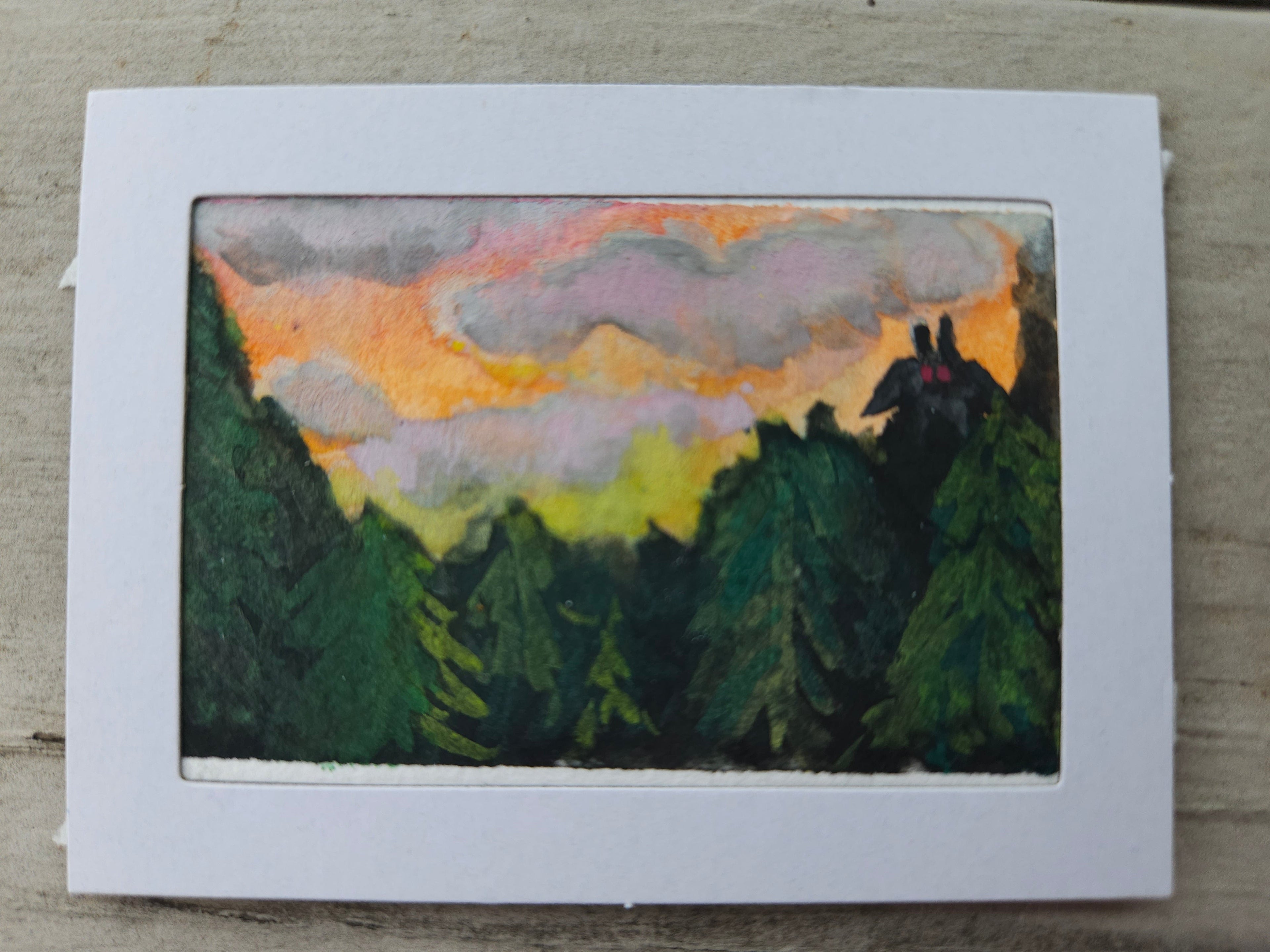 Mothman - Original, Signed Watercolor 1.5"x2" in a 2"x3" magnetic frame