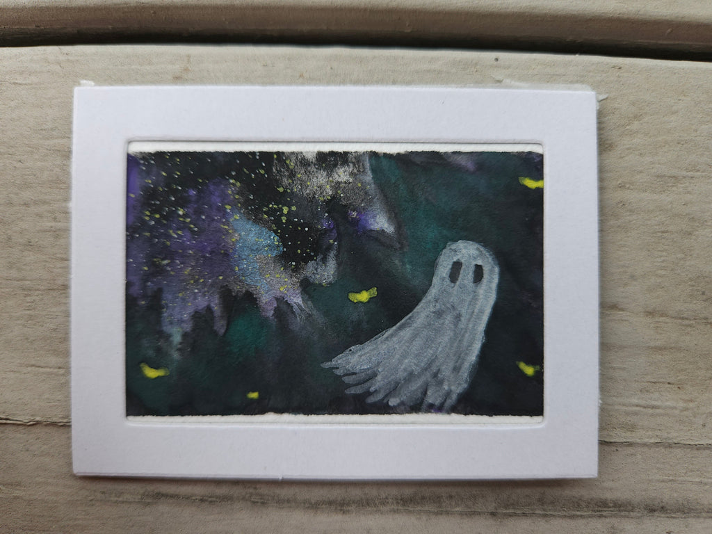 Ghostie in the Woods - Original, Signed Watercolor 1.5"x2" in a 2"x3" magnetic frame
