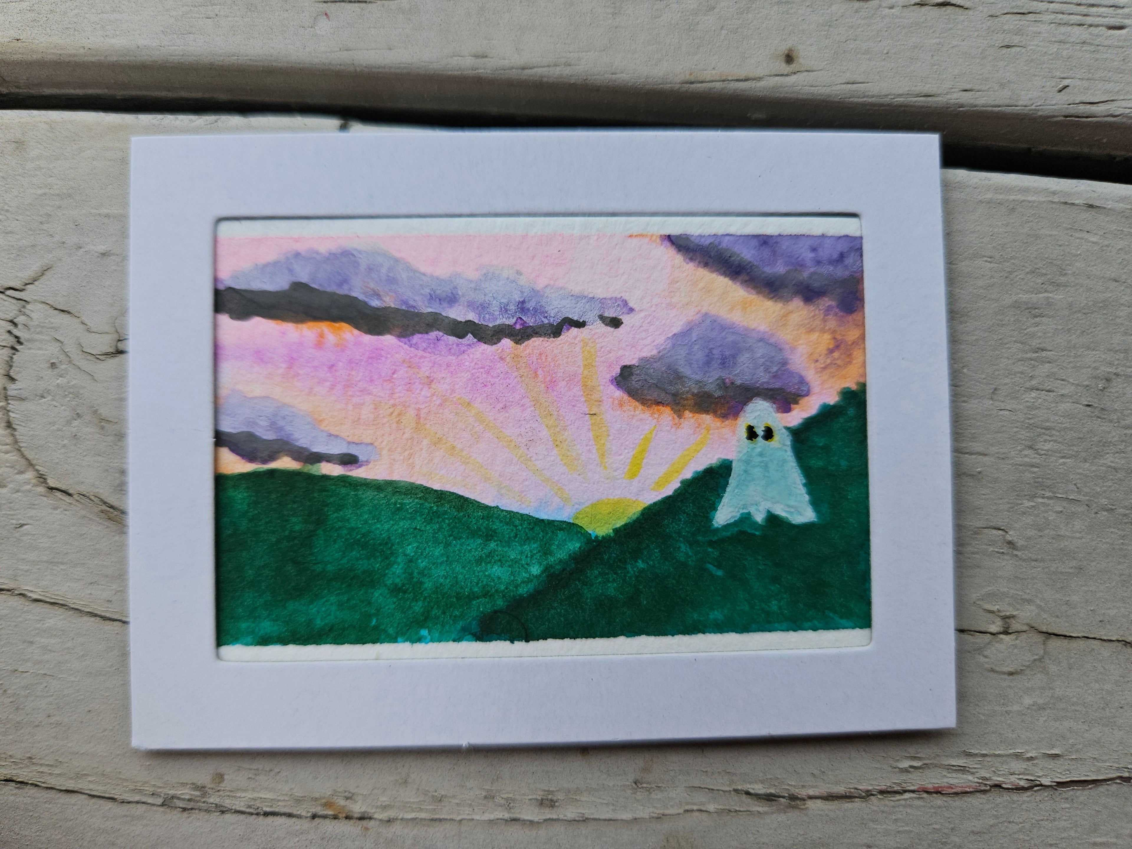 Spooky Sunset - Original, Signed Watercolor 1.5"x2" in a 2"x3" magnetic frame