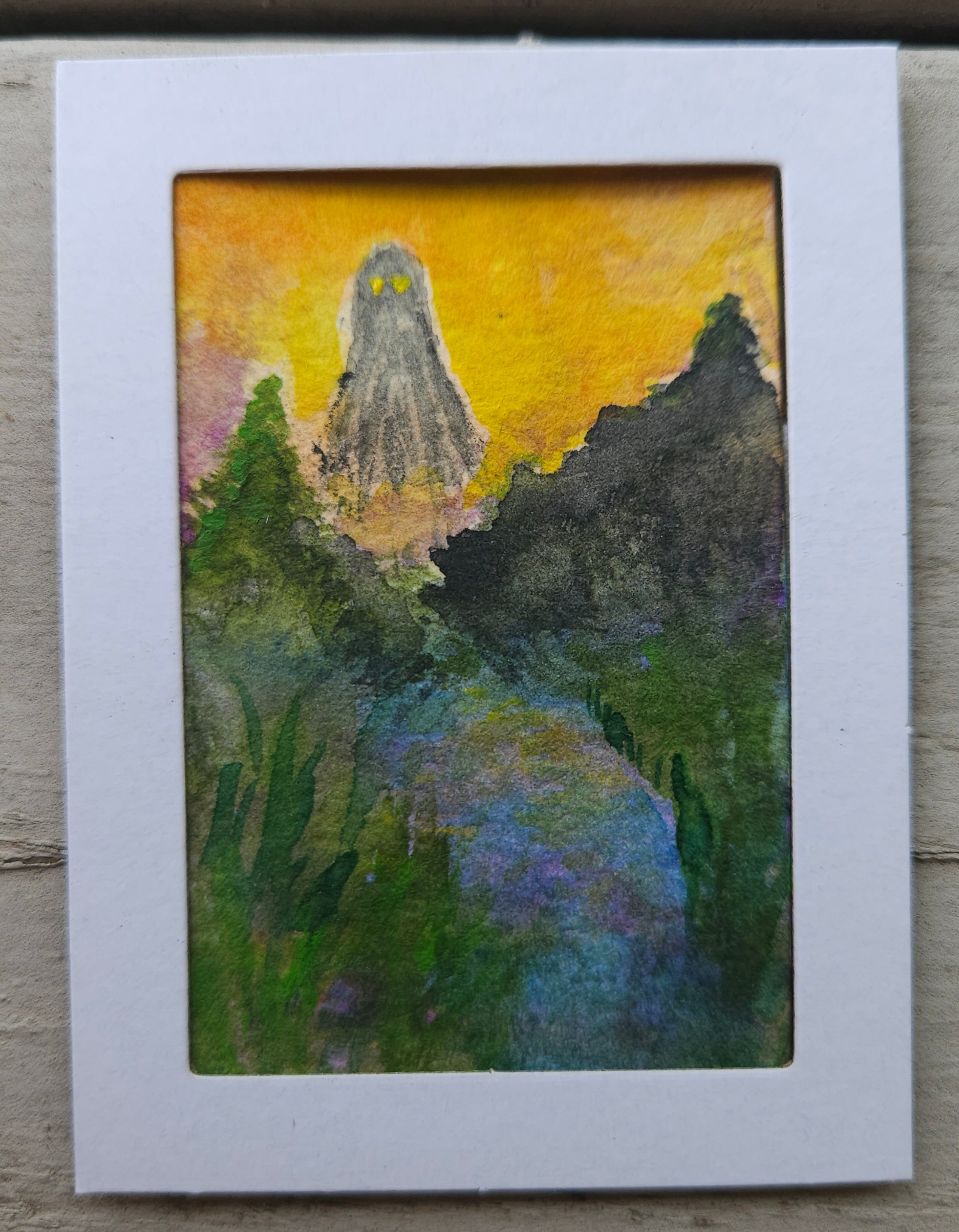 Spooky Sunrise - Original, Signed Watercolor 1.5"x2" in a 2"x3" magnetic frame