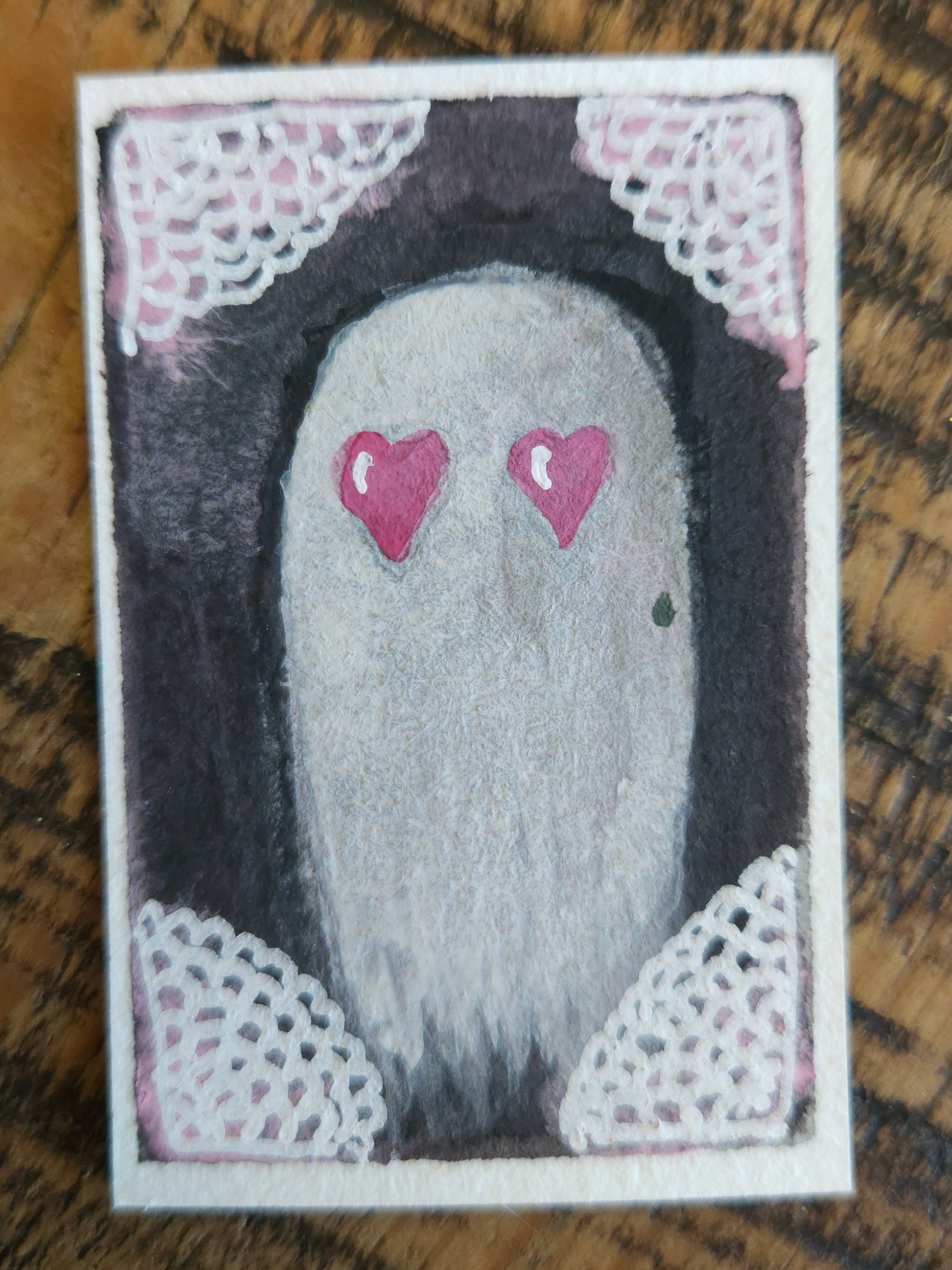Ghostie with Lace - Original, Signed Watercolor/Mixed Media - 1.5"x2" in a 2"x3" magnetic frame