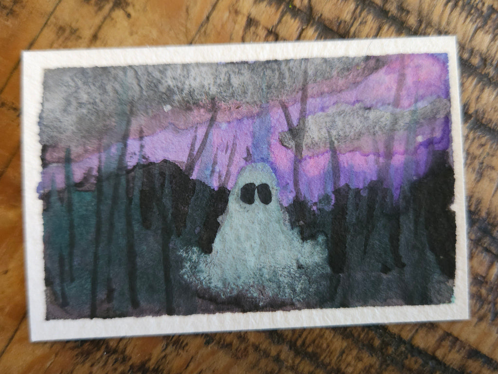 Ghostie in the Swamp - Original, Signed Watercolor - 1.5"x2" in a 2"x3" magnetic frame
