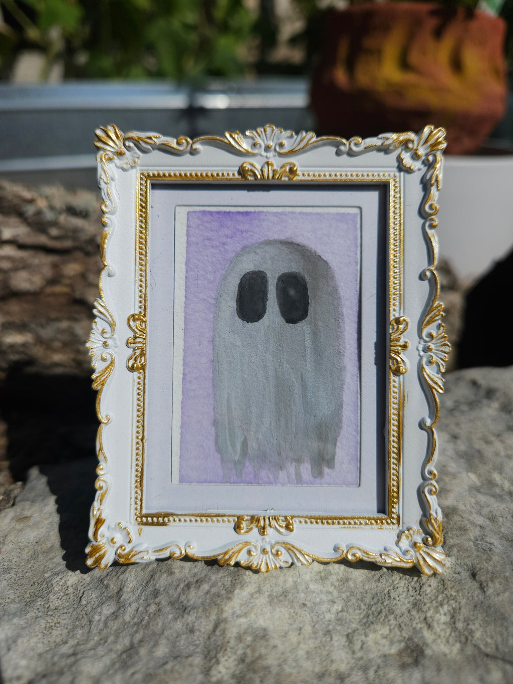 Ghostie in Purple - Original, Signed Watercolor - 1.5"x2" in a 2"x3" magnetic frame