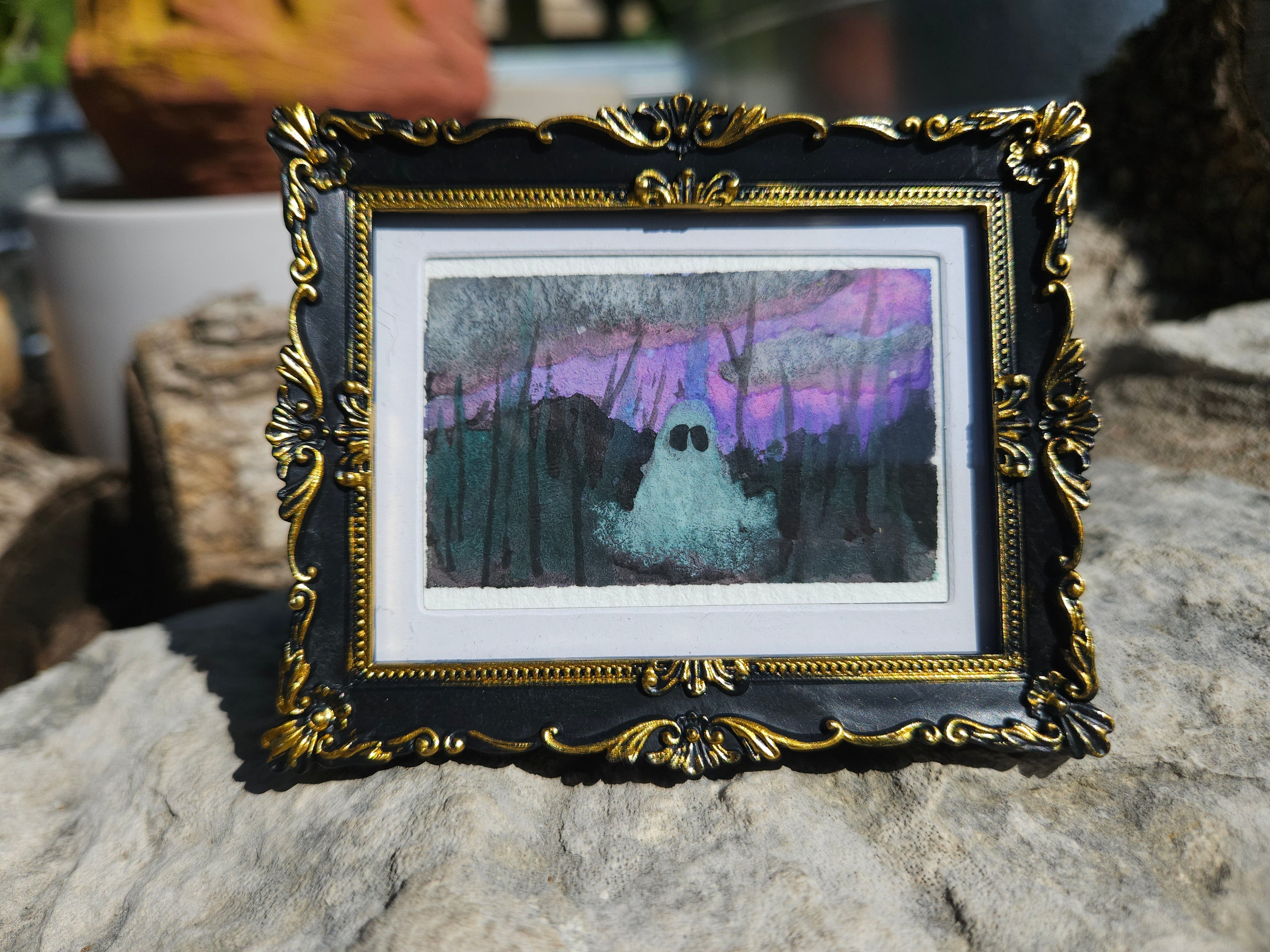 Ghostie in the Swamp - Original, Signed Watercolor - 1.5"x2" in a 2"x3" magnetic frame