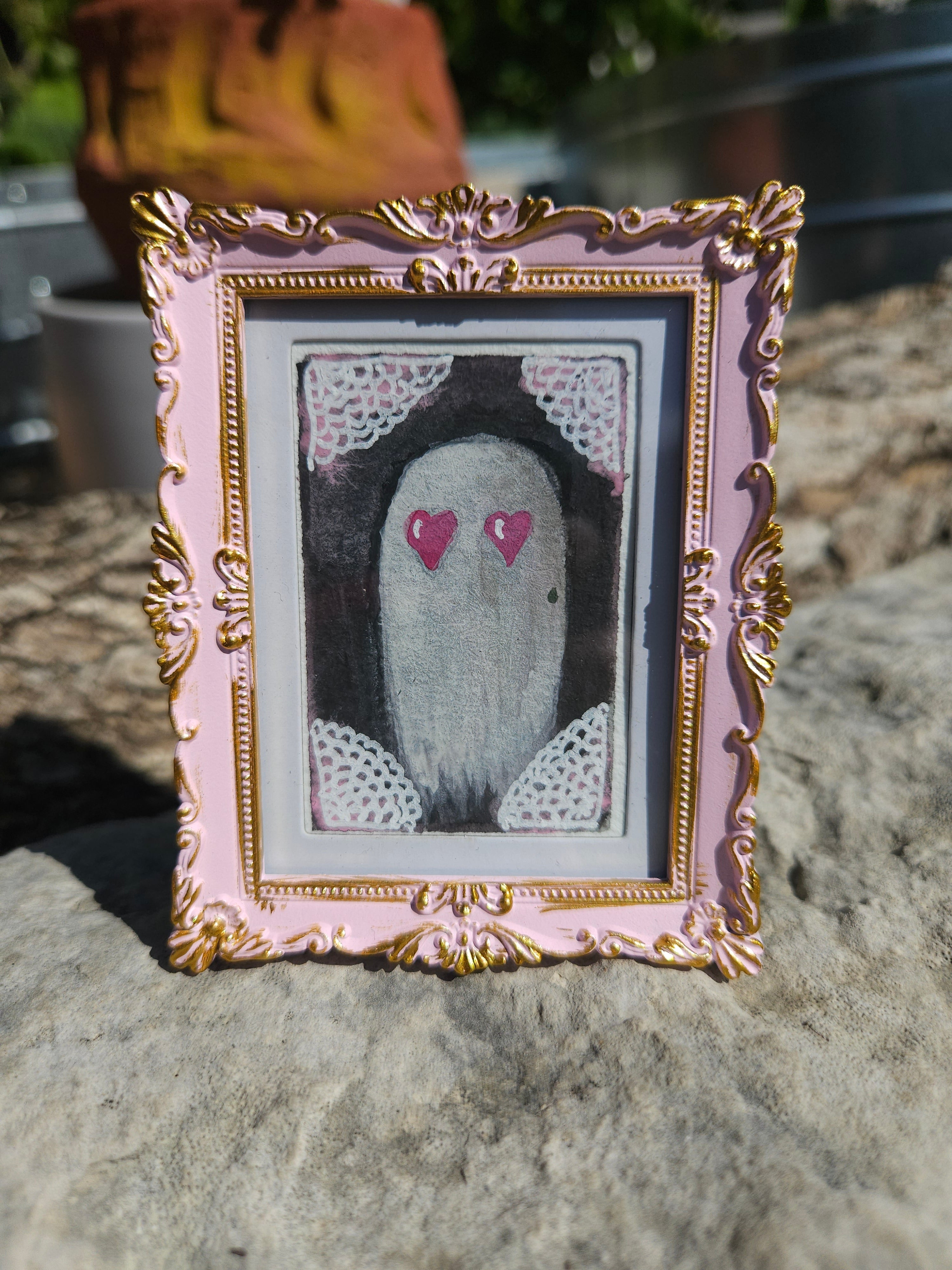 Ghostie with Lace - Original, Signed Watercolor/Mixed Media - 1.5"x2" in a 2"x3" magnetic frame