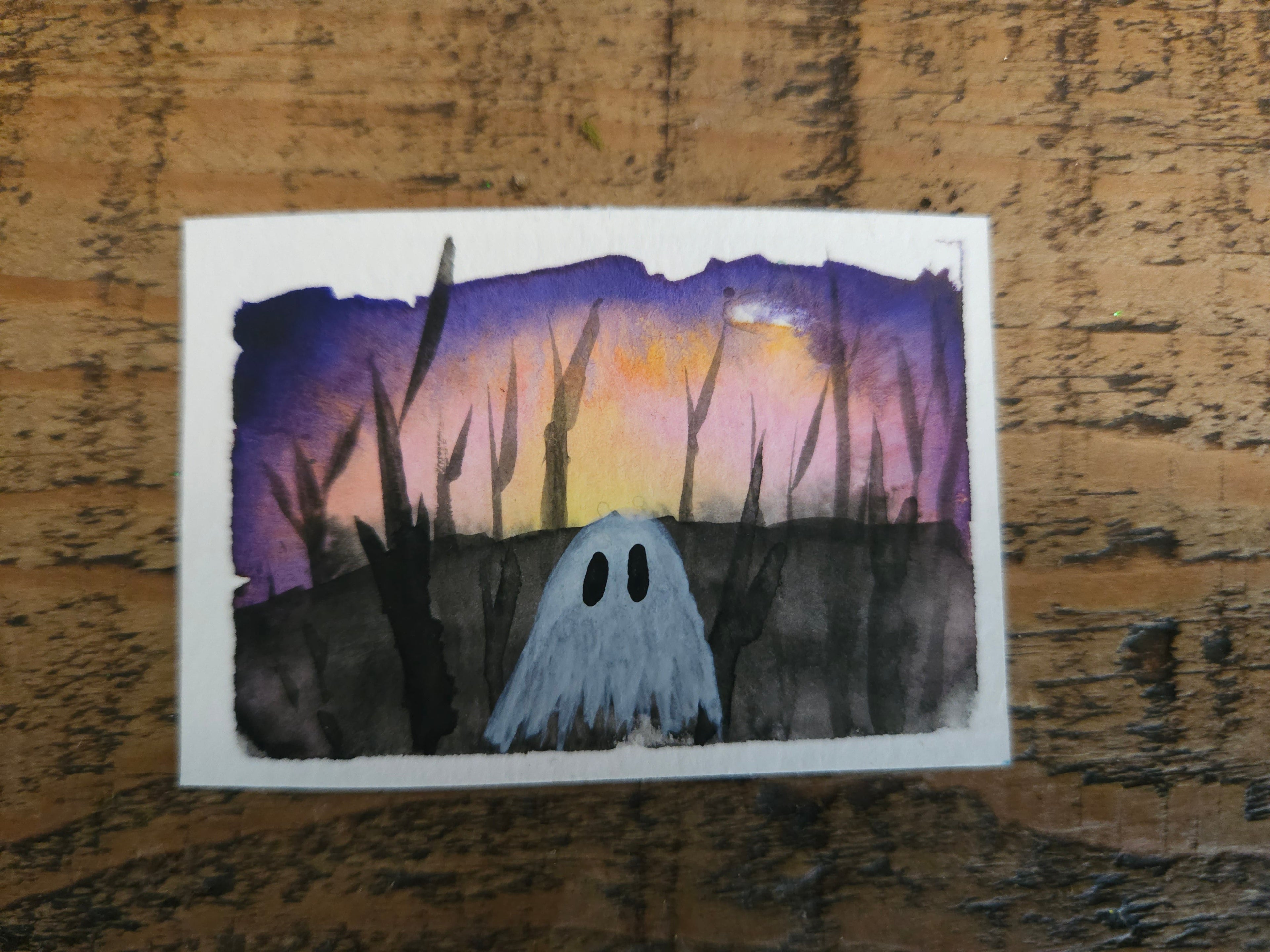 Ghostie, Fall Sunset- Original, Signed Watercolor - 1.5"x2" in a 2"x3" magnetic frame