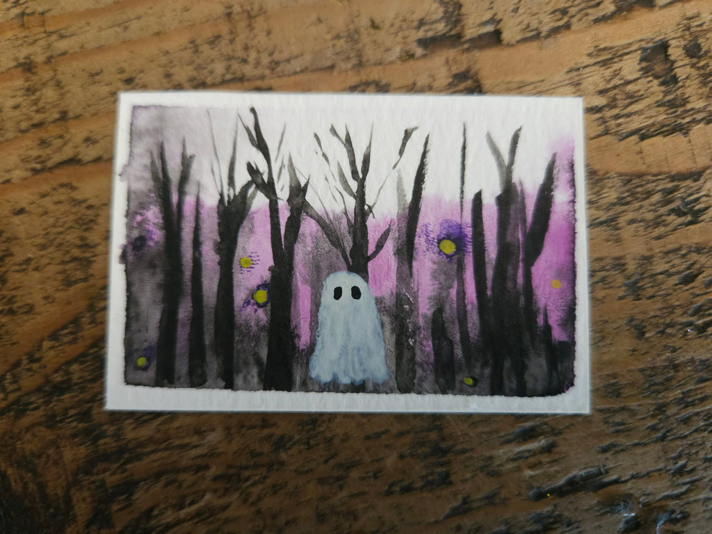 Ghostie in Winter - Original, Signed Watercolor - 1.5"x2" in a 2"x3" magnetic frame