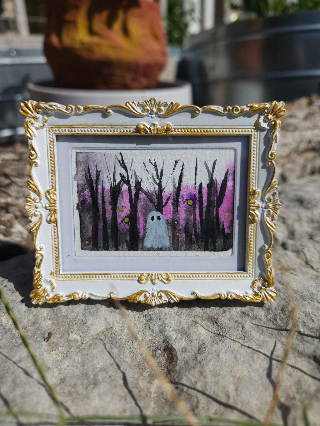 Ghostie in Winter - Original, Signed Watercolor - 1.5"x2" in a 2"x3" magnetic frame