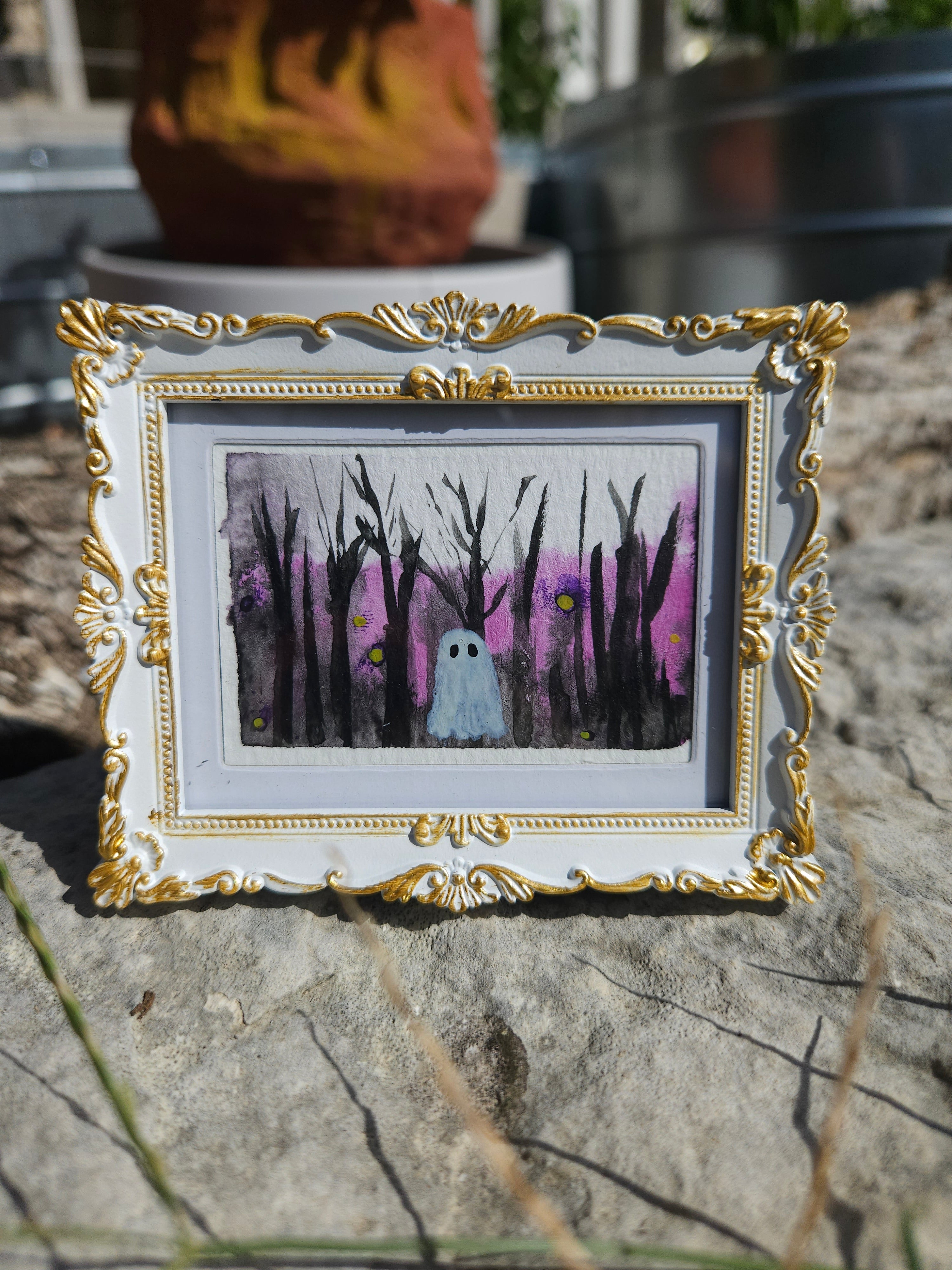 Ghostie in Winter - Original, Signed Watercolor - 1.5"x2" in a 2"x3" magnetic frame