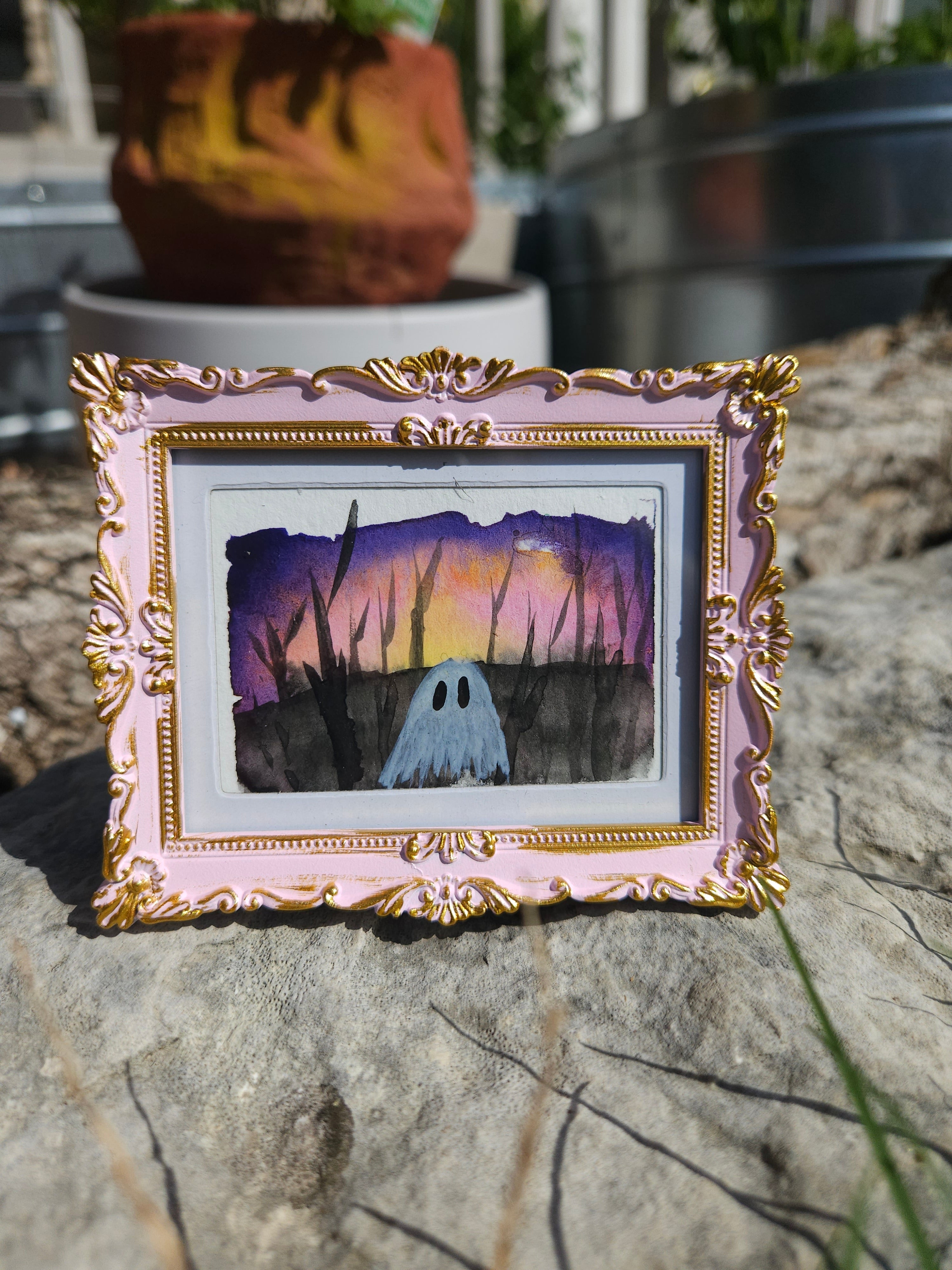 Ghostie, Fall Sunset- Original, Signed Watercolor - 1.5"x2" in a 2"x3" magnetic frame