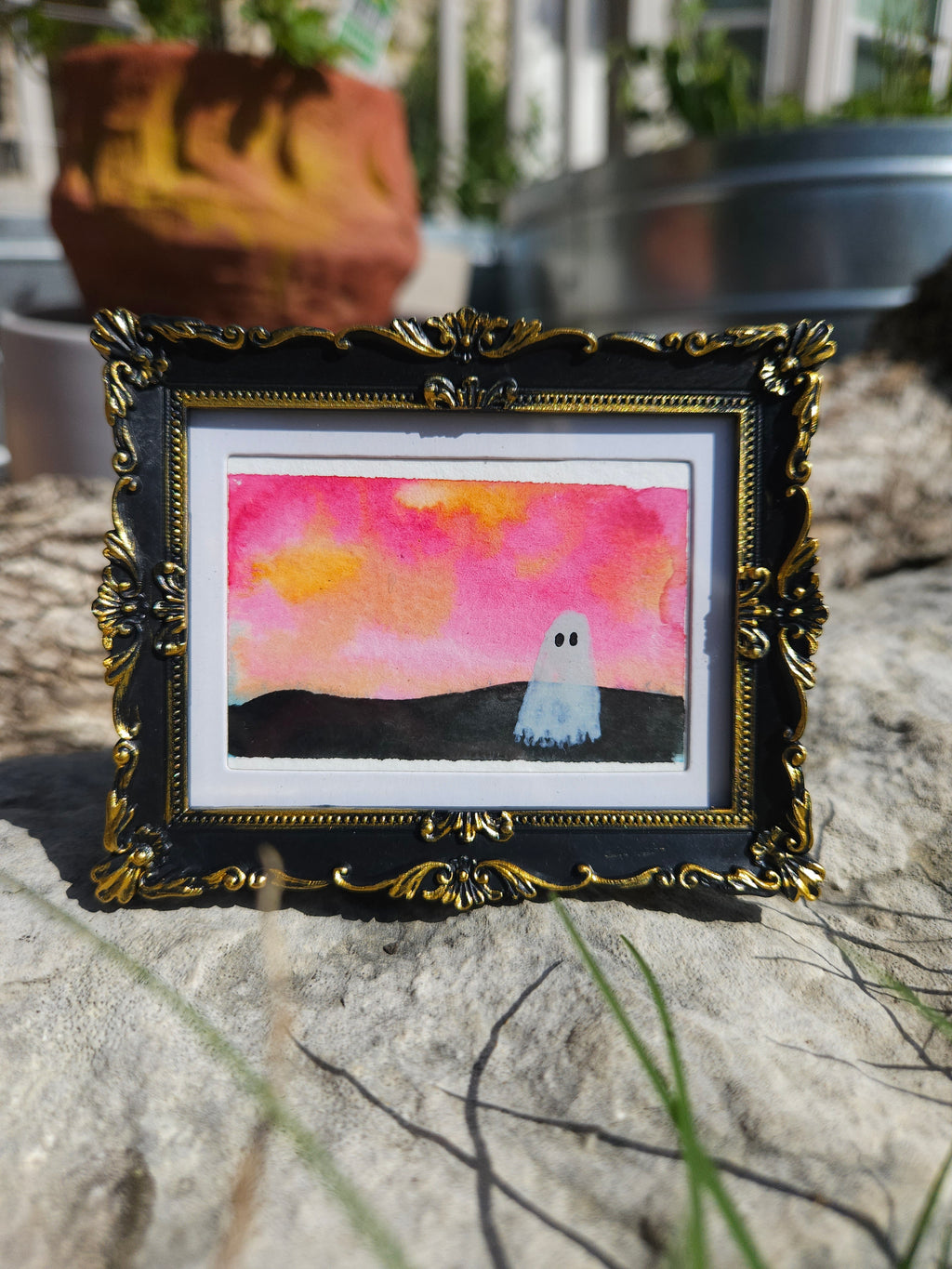 Pink Sunset - Original, Signed Watercolor - 1.5"x2" in a 2"x3" magnetic frame