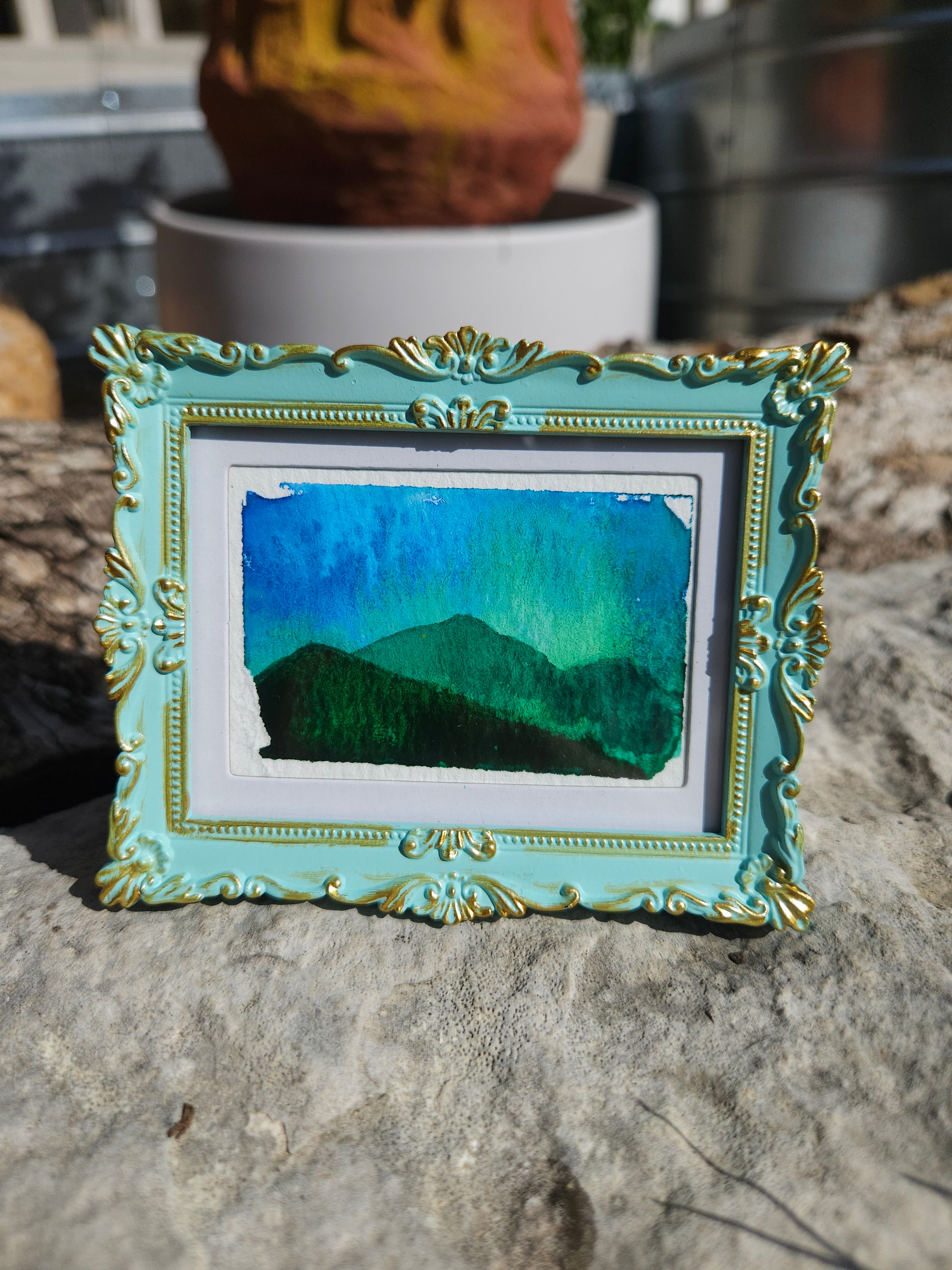 Mountain Mo(u)rning - Original, Signed Watercolor - 1.5"x2" in a 2"x3" magnetic frame