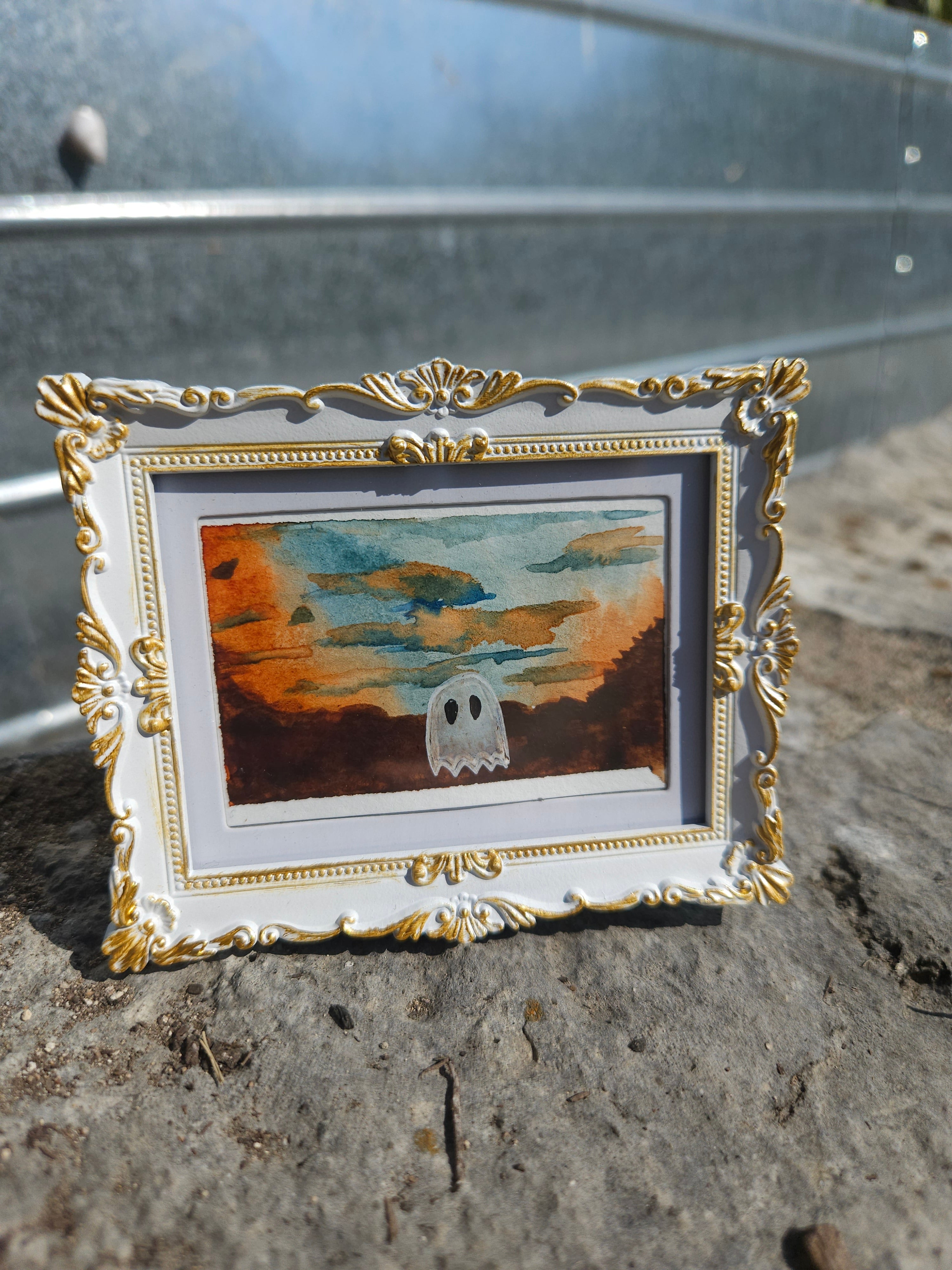 Ghostie Goes West - Original, Signed Watercolor - 1.5"x2" in a 2"x3" magnetic frame