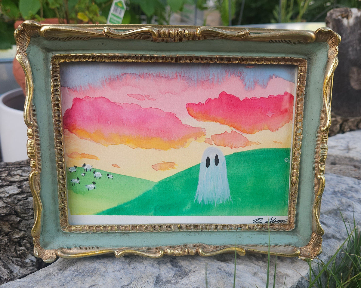 Ghostie in the Pasture at Sunrise - Original, Signed Watercolor - 5"x7" in a 6.5"x8.5" frame