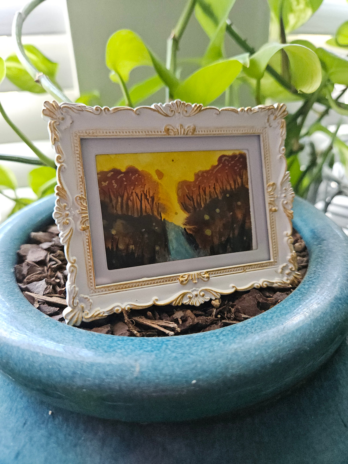 Waterfall - Original, Signed Watercolor - 1.5"x2" in a 2"x3" magnetic frame