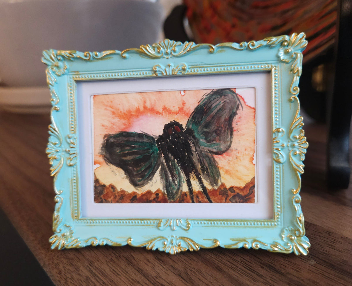 Mothman - Original, Signed Watercolor - 1.5"x2" in a 2"x3" magnetic frame