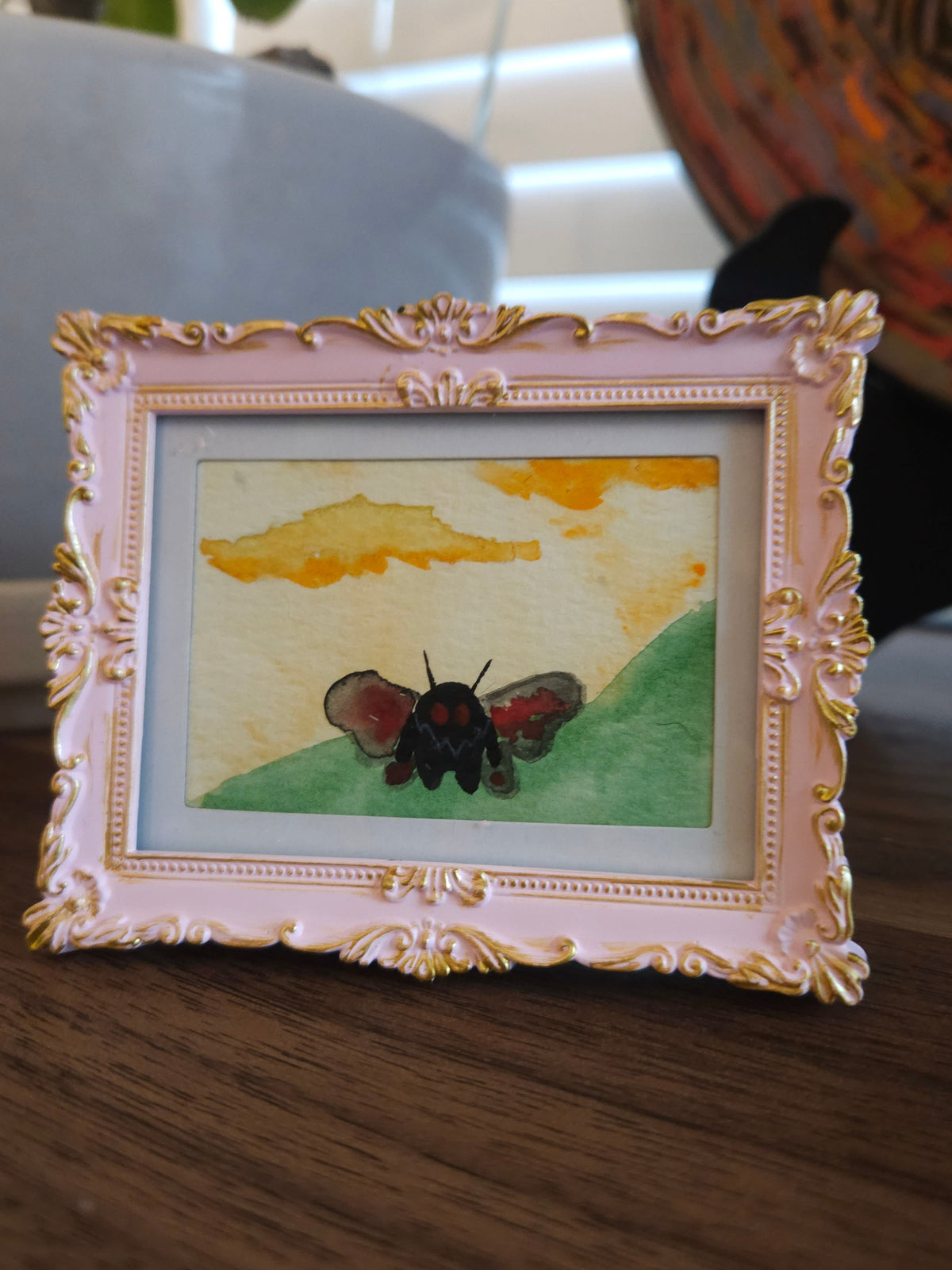 Mothman - Original, Signed Watercolor - 1.5"x2" in a 2"x3" magnetic frame