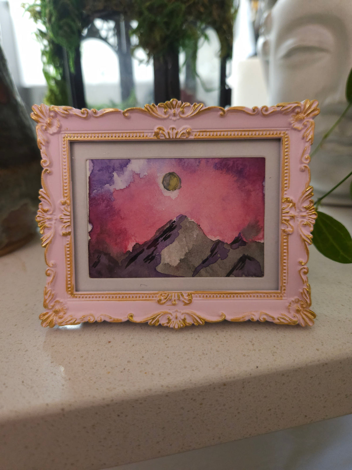 Mountain Moon - Original, Signed Watercolor - 1.5"x2" in a 2"x3" magnetic frame