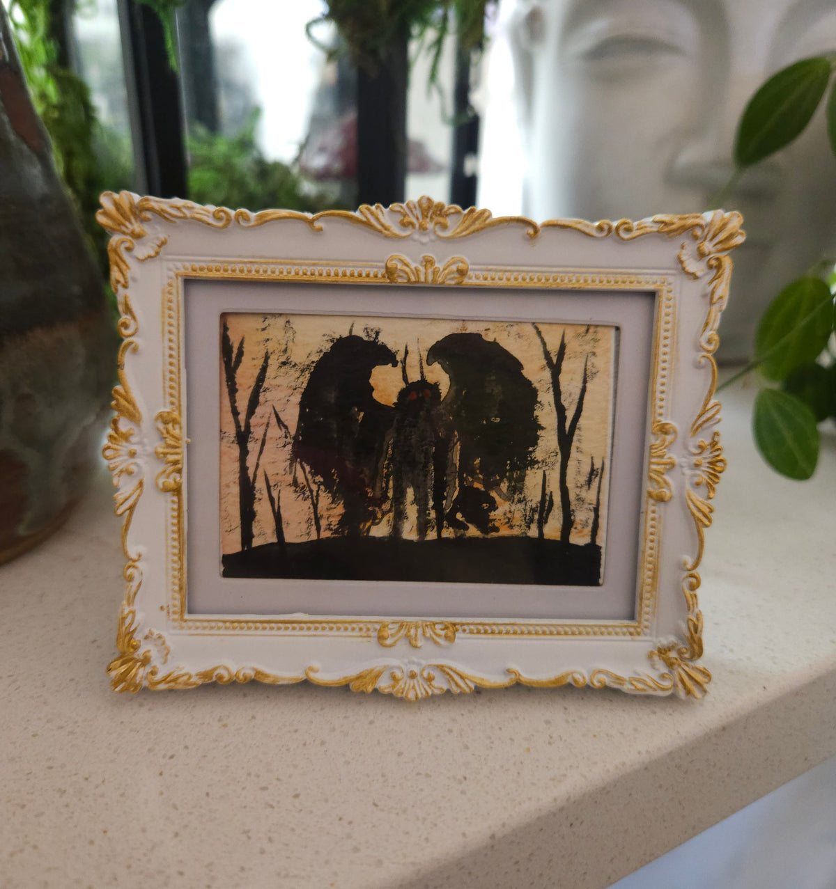 Mothman - Original, Signed Watercolor - 1.5"x2" in a 2"x3" magnetic frame