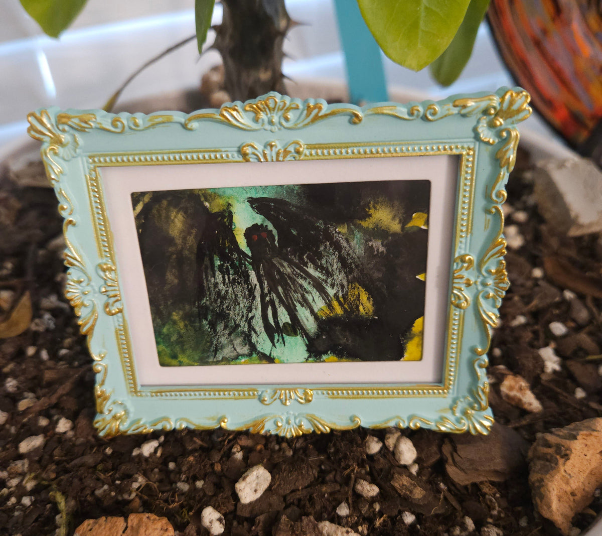 Mothman - Original, Signed Watercolor - 1.5"x2" in a 2"x3" magnetic frame