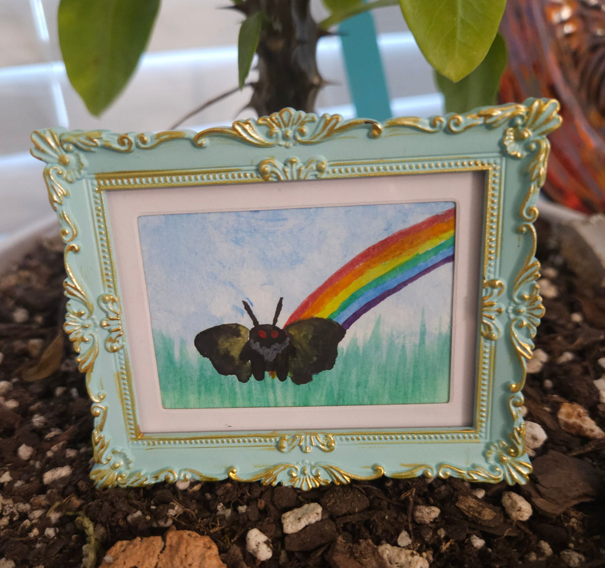 Mothman - Original, Signed Watercolor - 1.5"x2" in a 2"x3" magnetic frame