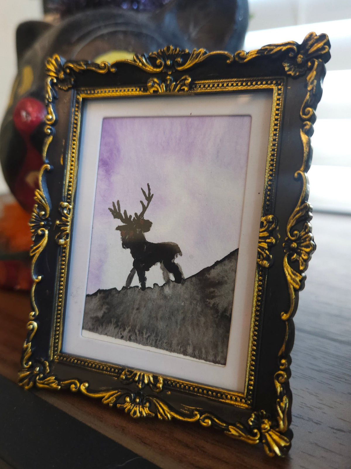 Two Headed Stag - Original, Signed Watercolor - 1.5"x2" in a 2"x3" magnetic frame