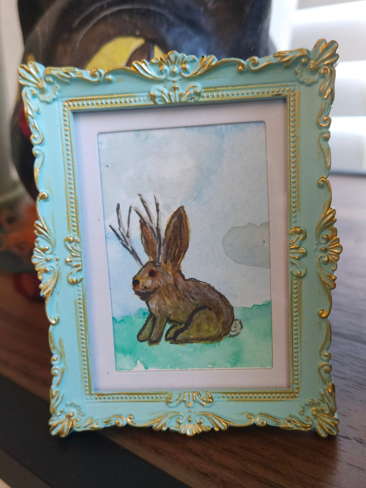 Jackalope - Original, Signed Watercolor - 1.5"x2" in a 2"x3" magnetic frame
