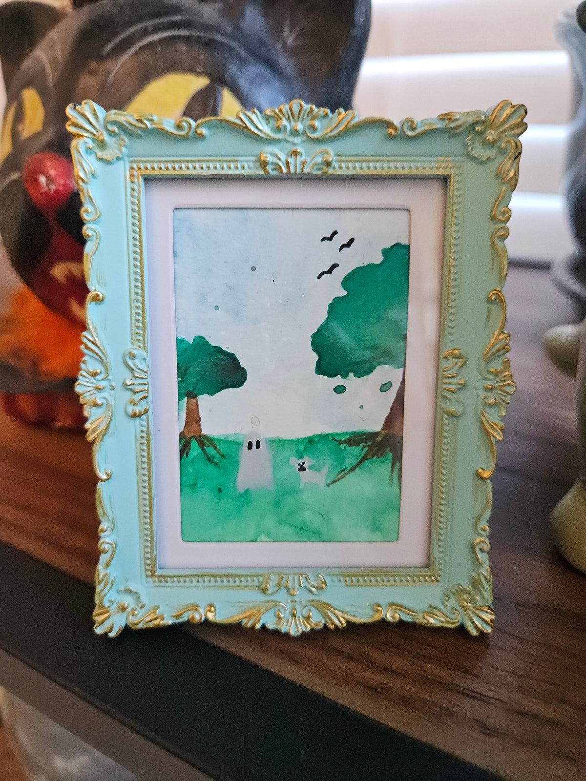 Ghostie and their dog in the Park - Original, Signed Watercolor - 1.5"x2" in a 2"x3" magnetic frame