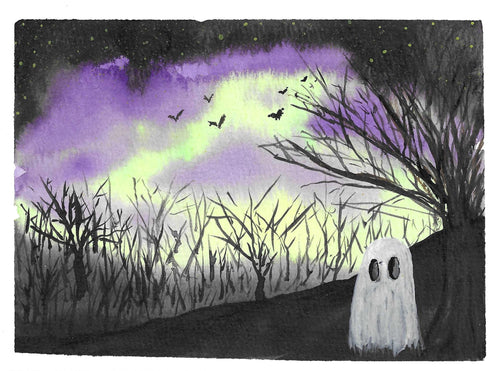 Bat Watching - Original, Signed Watercolor - 5"x7" in a 6.5"x8.5" frame